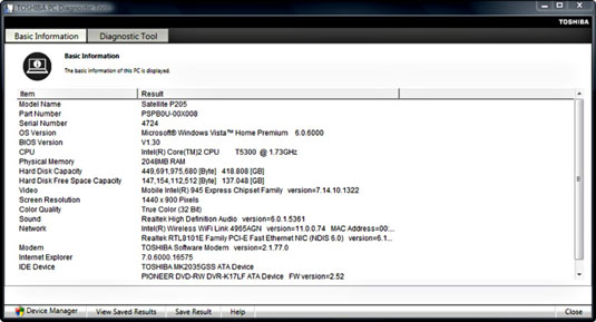 The Toshiba diagnostics information screen offers a quick inventory of the essential parts of your