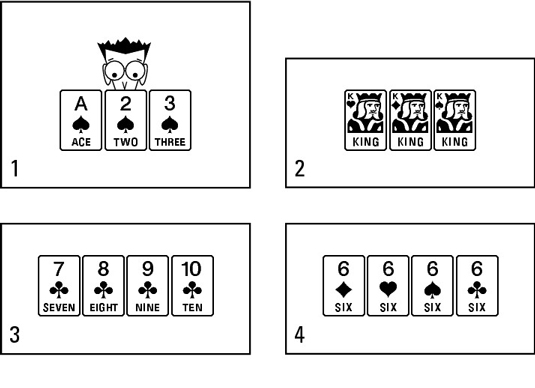 Legal runs follow the same suit; legal sets consist of the same rank.