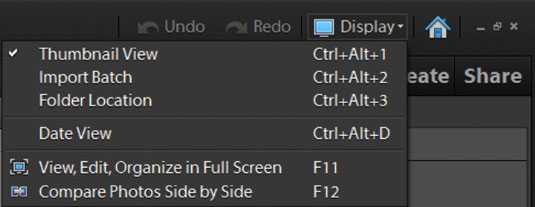 Click Display on the menu bar to see the options for alternative views in the Organizer.