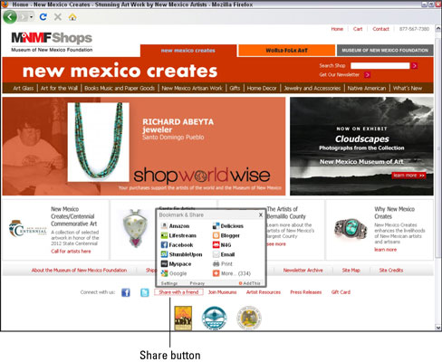 New Mexico Creates invites visitors to share each of its web pages with an expandable Share button.