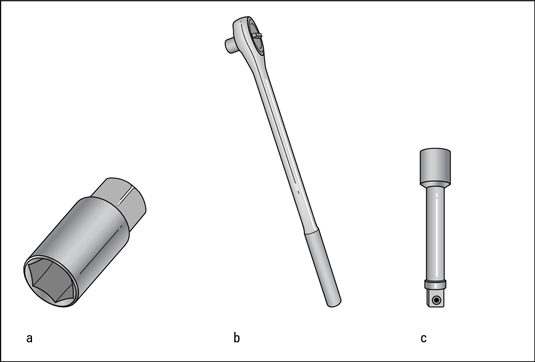 A spark-plug socket (a), a ratchet handle (b), and an extension bar (c).