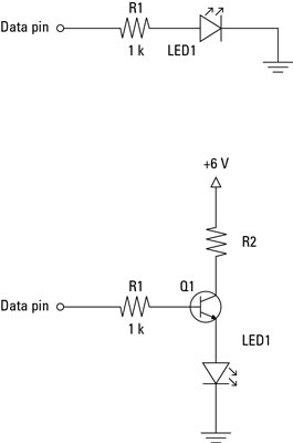 Two ways to connect an LED to a parallel-port output pin.