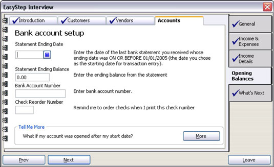 QuickBooks collects information about your bank accounts as part of the initial interview for setti