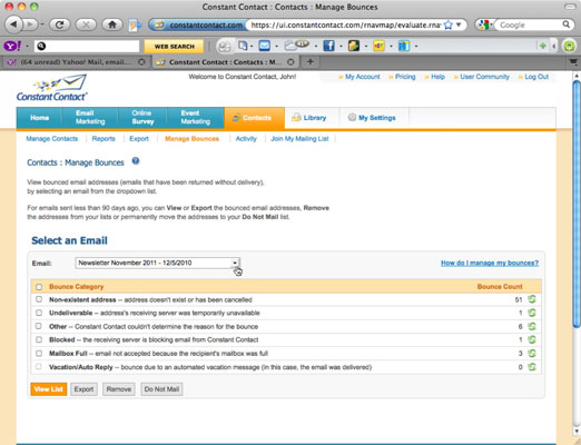 A summary bounce shows the number of bounced e-mails by category as well as individual bounced e-ma