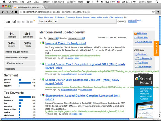 A search for skateboard company Loaded’s popular longboard the Dervish on Social Mention.