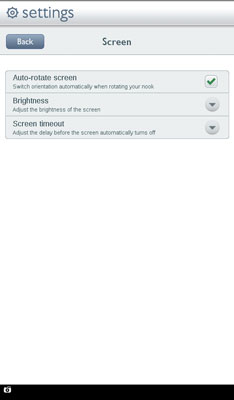 The Screen section of the Device Setting's menu