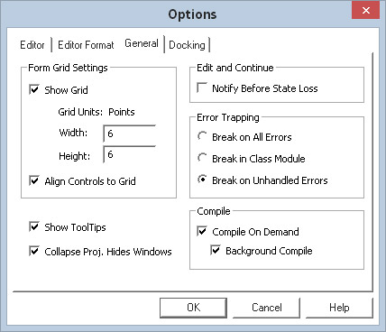 The General tab of the Options dialog box.