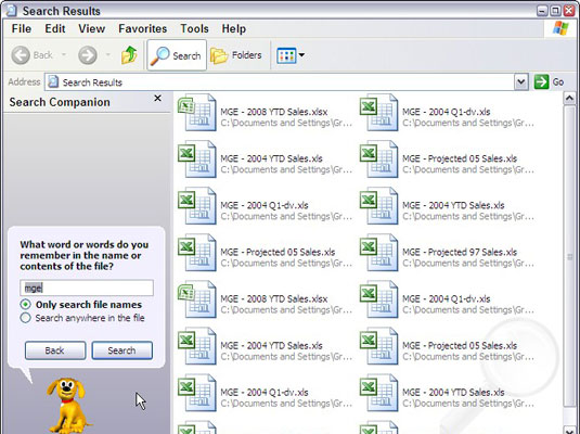 Use the Windows XP Search Results dialog box to search for a missing Excel workbook.