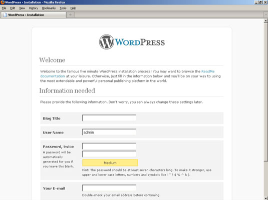 Enter this information to complete the install of WordPress.