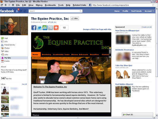 The Equine Practice created its Facebook fan page using the Wix app. [Credit: © The Equine Pra