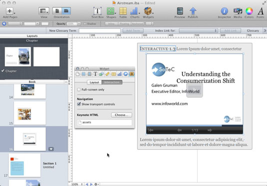 A Keynote object in iBooks Author (right) and the Interaction pane (center).
