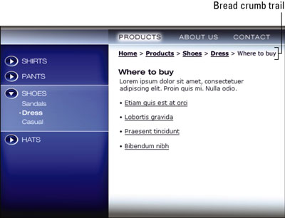 This bread-crumb trail provides a convenient way to retrace your steps in a site.
