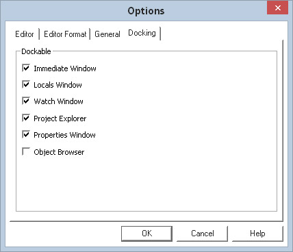 The Docking tab of the Options dialog box.