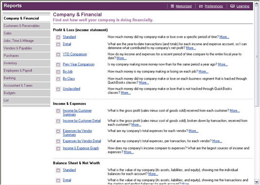 The Company & Financial Report Navigator page in QuickBooks gives you access to many key financ