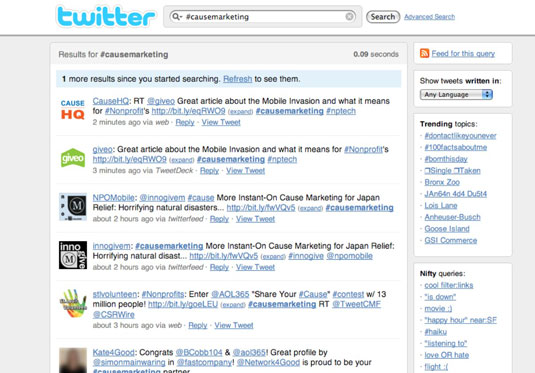 Twitter search results when you search using a hashtag: #causemarketing.