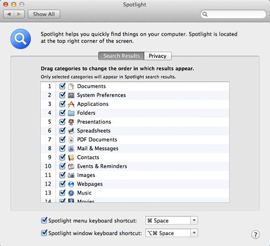 Fine-tune your Spotlight menu and Results window from System Preferences.