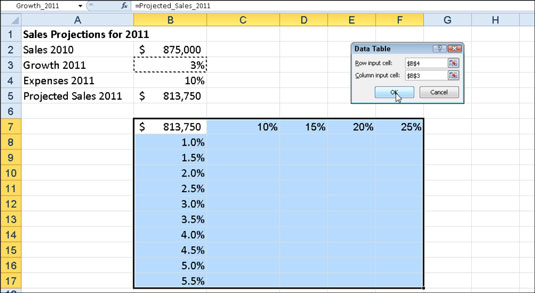 Sales projection worksheet with a series of possible growth and expense percentages to be plugged i