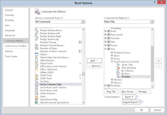 The Customize Ribbon tab of the Excel Options dialog box.