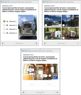 Three options for how review objects can present their questions: a list with image (top-left), an