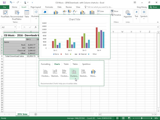 Previewing the embedded chart to insert from the Quick Analysis tool.