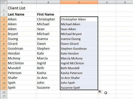 The worksheet after concatenating the first and last names in column C.