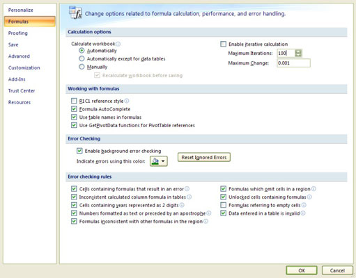 Setting calculation and iteration settings in the Excel Options dialog box.