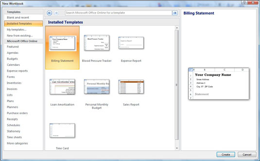 You can select an installed template to generate a new workbook.