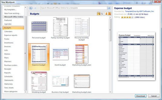 Selecting a Budget template to download from Microsoft Office Online.