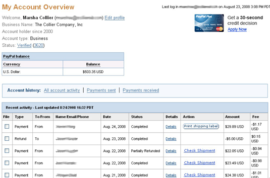 Your PayPal Overview page after shipping.