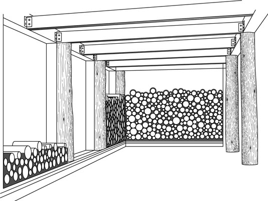 The random stacking of wood in a cordwood wall creates a beautiful pattern.