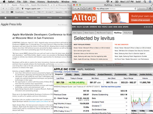 Web-surfing space, with three Safari windows (Apple Press Info, Alltop page, and eTrade) arranged j