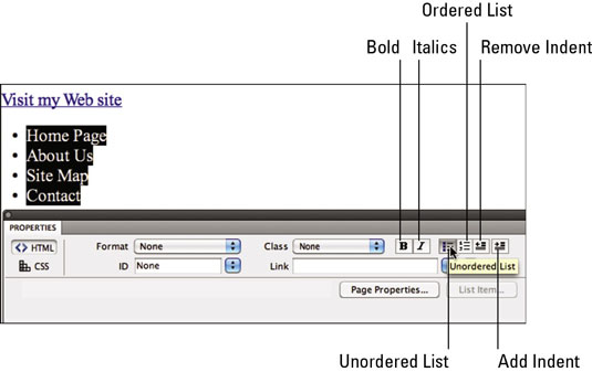 Creating an unordered list in the Properties Inspector.