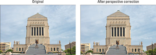 The original photo exhibited convergence (left); applying the Perspective Control filter corrected