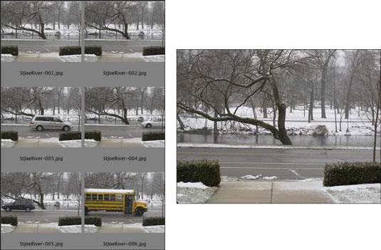 The cars on either side of the river, the bus, and even the falling snow are removed using Median.
