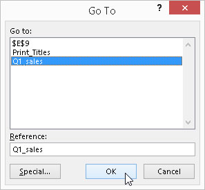 Select the named cell range to go to in a workbook.