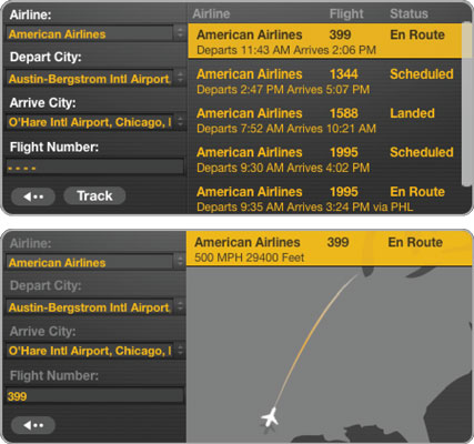 Finding a flight (top) and viewing its status (bottom).