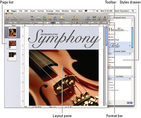 Use the Snow Leopard Pages window to layout text and graphics.