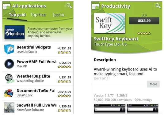 Top-paid apps in the Android Market (left); the description page for the SwiftKey Keyboard app (rig