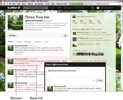 The tweet stream for Three Tree Inn includes a reply and a retweet. [Credit: Courtesy of Three Tree