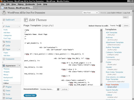 The Page template displays the code needed to define a specific name for the template.