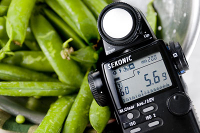 A hand-held light meter measures light reflecting off and falling on a subject.