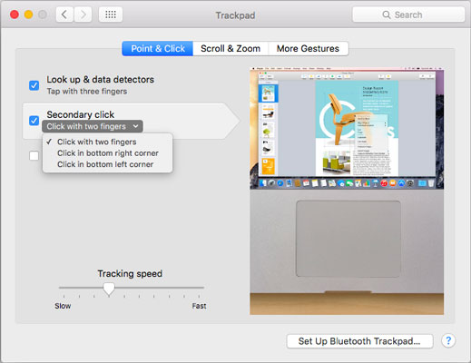 The Trackpad System Preference pane offers controls for one-finger and multi-finger gestures.