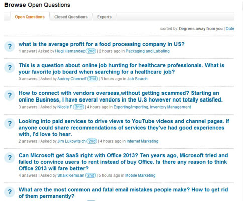 Open questions in LinkedIn Answers.