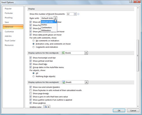 You can change the Ruler units setting to display Inches, Centimeters, or Millimeters.