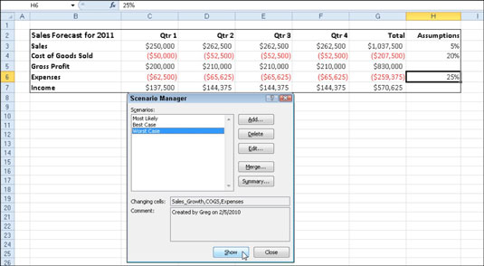 Use the Scenario Manager to add and switch to different scenarios in your worksheet.