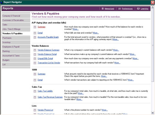 QuickBooks allows you to run a number of reports concerning vendors and payables.