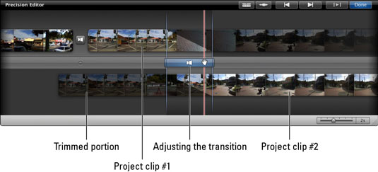 Adjust the transition between two project clips more precisely by using the Precision Editor.