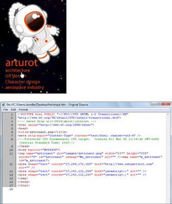 The finished image map, as viewed in a web browser (top) and the HTML code created for the image ma