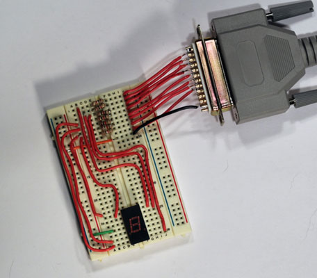 The finished parallel-port seven-segment display.