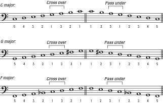 C, G, and F major scales for the left hand.